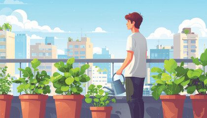 Man Watering Urban Balcony Garden: City Farming & Green Living