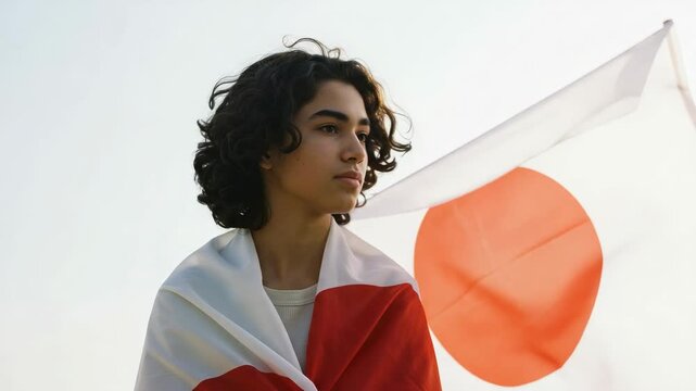 Young man draped in the Japanese flag looking thoughtfully. Portrait of a patriotic teenage boy showing support for Japan.