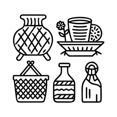 Handicraft Icon Collection. Outline icon set of handicrafts and souvenirs: woven basket, pottery vase, carved figurine, textile