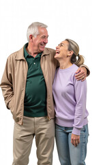 Happy couple smiling together, enjoying joyful moment. They are dressed casually, with one wearing light jacket and other in cozy sweater