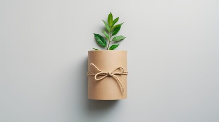 A green sprout in a paper pot tied with twine