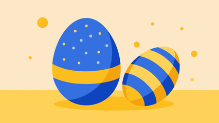 Two easter eggs with blue and yellow designs on a light yellow background with yellow dots around it