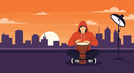 Evening Serenity Musician Playing Djembe Drum On City Rooftop At Sunset