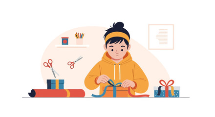 Girl Preparing Gifts Boxes With Colorful Ribbons For Christmas Celebration Scene