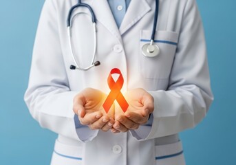 Doctor holds glowing orange ribbon symbolizing awareness and hope