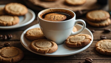Coffee cup with cookies on a plate, surrounded by more cookies on a wooden table, with coffee beans nearby.