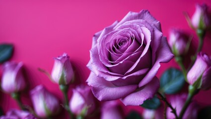 A beautiful purple rose surrounded by pink roses with green leaves on a pink background.