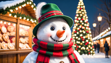 Snowman with a green hat and scarf stands in front of a Christmas tree