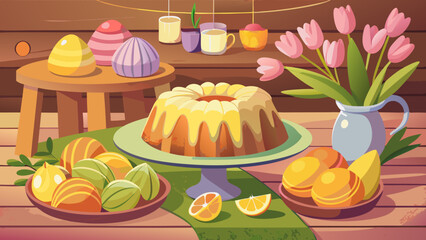 Festive easter still life with cake tulips and decorated eggs on a wooden table setting scene