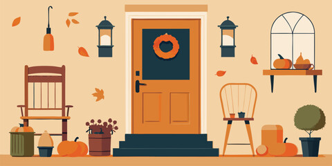 Vector art of a charming autumn scene unfolds with a welcoming front door adorned with a wreath, flanked by rocking chairs and pumpkins.