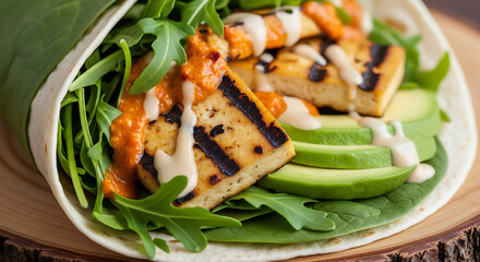 Close-up of a vegan wrap filled with grilled tofu, avocado slices, spinach, arugula, and topped with a creamy sauce and a red pepper sauce.