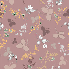 Pattern of wildflower tea collection, pastel, muted colors wildflower bouquets and scattered flowers, leaves, twigs silhouette pattern on nude pink background.