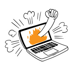 A hand-drawn illustration of a fist smashing through a flaming laptop