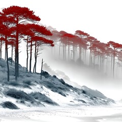 Misty Forest Landscape With Red Trees on a Hillside