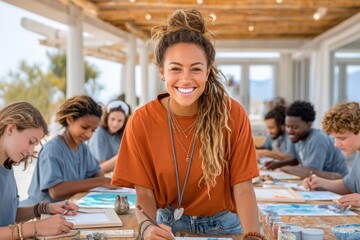 Creative workshop session with cheerful instructor and engaged students in casual setting