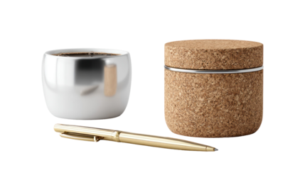 Silver container with cork lid beside coffee cup and gold pen on transparent background

