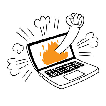 A hand-drawn illustration of a fist smashing through a flaming laptop