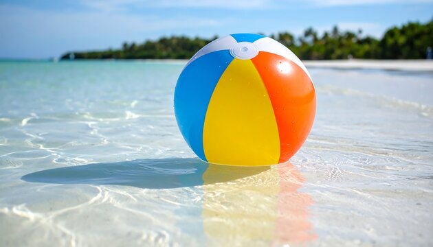 Colorful beach ball floating in the serene, shallow turquoise water of a tropical beach on a sunny day - Powered by Adobe