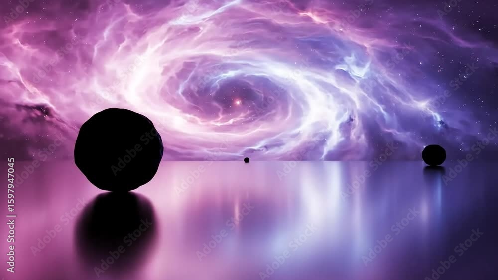 Poster abstract space scene with nebula background and mirrored spheres in multiple positions