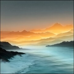 Misty Mountains Reflecting Golden Sunset Over Serene Coastal Waters