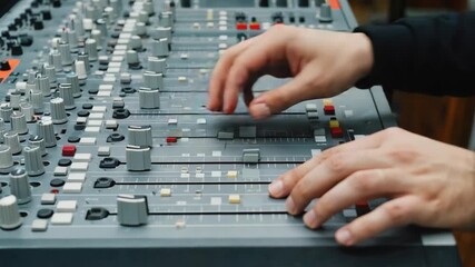 Hands Turning Soundboard Dials with Focused Precision in Music Studio