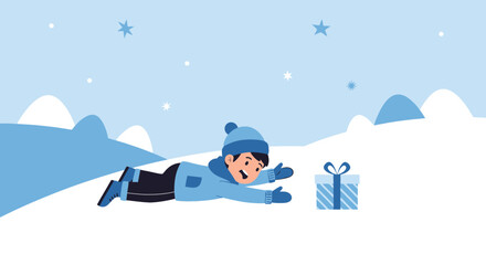 Excited Boy Reaching For Christmas Present In Snowy Winter Landscape