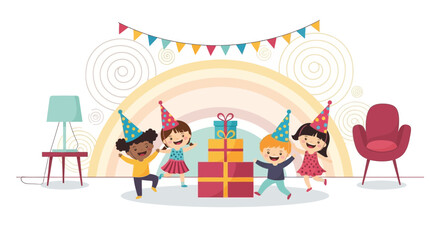 Naklejka premium Joyful Children Celebrating At Colorful Birthday Party With Gifts And Decorations