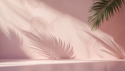 Soft pink wall with palm leaf shadows and a green palm frond, creating a tropical and relaxing atmosphere.