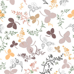 Pattern of wildflower tea collection, caramel brown, muted pink, nude, pastel green colors wildflower bouquets and scattered flowers, leaves, twigs silhouette pattern on white neutral background.