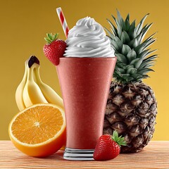 Refreshing Tropical Fruit Smoothie With Whipped Cream And Strawberries