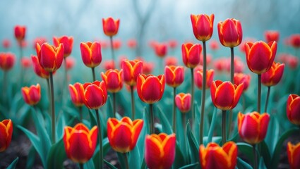 Obraz premium Vivid red and yellow tulips in a field during daytime. Spring flowers with lush green foliage. Bright, colorful blooms in a natural setting.