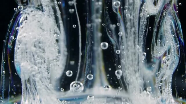 Fizzy clear liquid being poured into a glass, generating lots of bubbles and flow, on black background, possibly for a drink ad