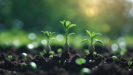 Young plant growth with sprouting seedlings in the soil, symbolizing growth, development, and new beginnings.