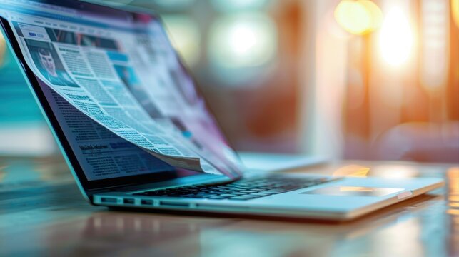 Watching news online on laptop with mobile newspaper technology - Powered by Adobe
