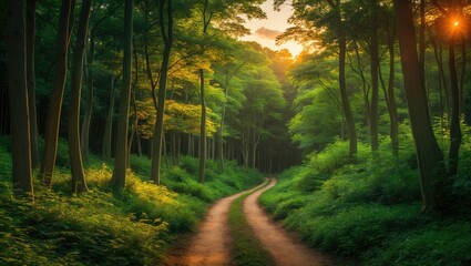 Obraz premium A forest trail at sunset with lush green trees and sunlight filtering through the leaves.