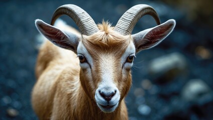 Fototapeta premium Close-up of a goat with twisted horns and a focused gaze, showing details of its face and surroundings.