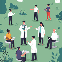 Community healthcare and public health consultation illustration. Doctors and patients interacting in a green outdoor setting for accessible medica...