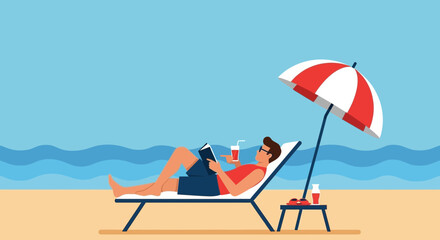 Fototapeta premium Man Relaxing On Beach Lounger Reading Book With Refreshing Drink Vacation