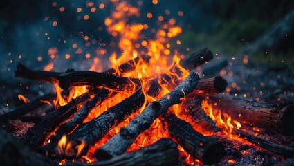 A campfire with burning logs and bright flames.
