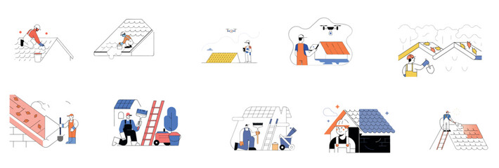 Set of Flat Outline Illustrations for Roofing, Home Maintenance, and Repair Services