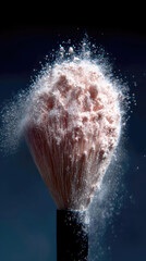 Close-up of a cosmetic makeup brush with powder floating lightly and flying in different directions on a dark background. Powder explosion effect