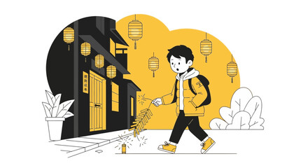 Excited Youngster Celebrating Lunar New Year With Crackers In The Street