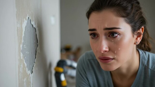 Upset woman crying over a damaged wall. Young homeowner feeling stressed about home repairs and renovation problems. Sad female looking at a hole in the drywall.