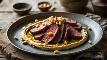 Sliced steak served on a plate with a creamy sauce and pine nuts, with bowls of spices in the background.