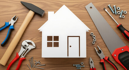 White House Cutout Surrounded by Tools on a Wooden Background