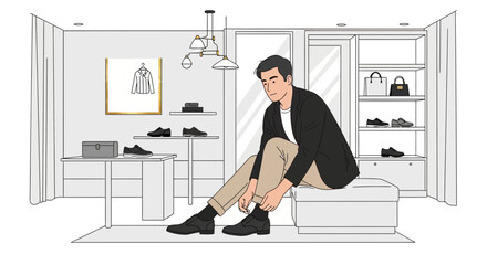 Fototapeta premium Man Tying Shoelaces At Boutique Fashion Style And Elegant Clothing Line