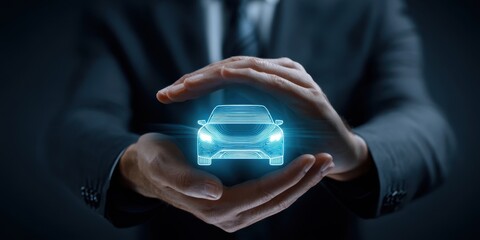 The businessman protecting a holographic car with modern technology in focus.