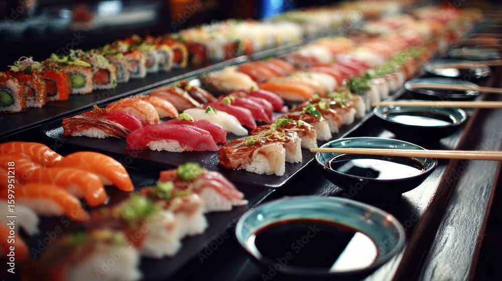 Poster assorted sushi neatly placed on long buffet counter with soy sauce and chopsticks