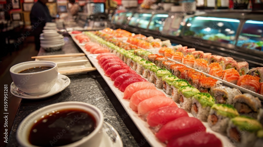 Poster assorted sushi neatly placed on long buffet counter with soy sauce and chopsticks