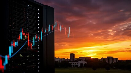 Server rack overlaid with stock chart against a sunset cityscape backdrop - Powered by Adobe
